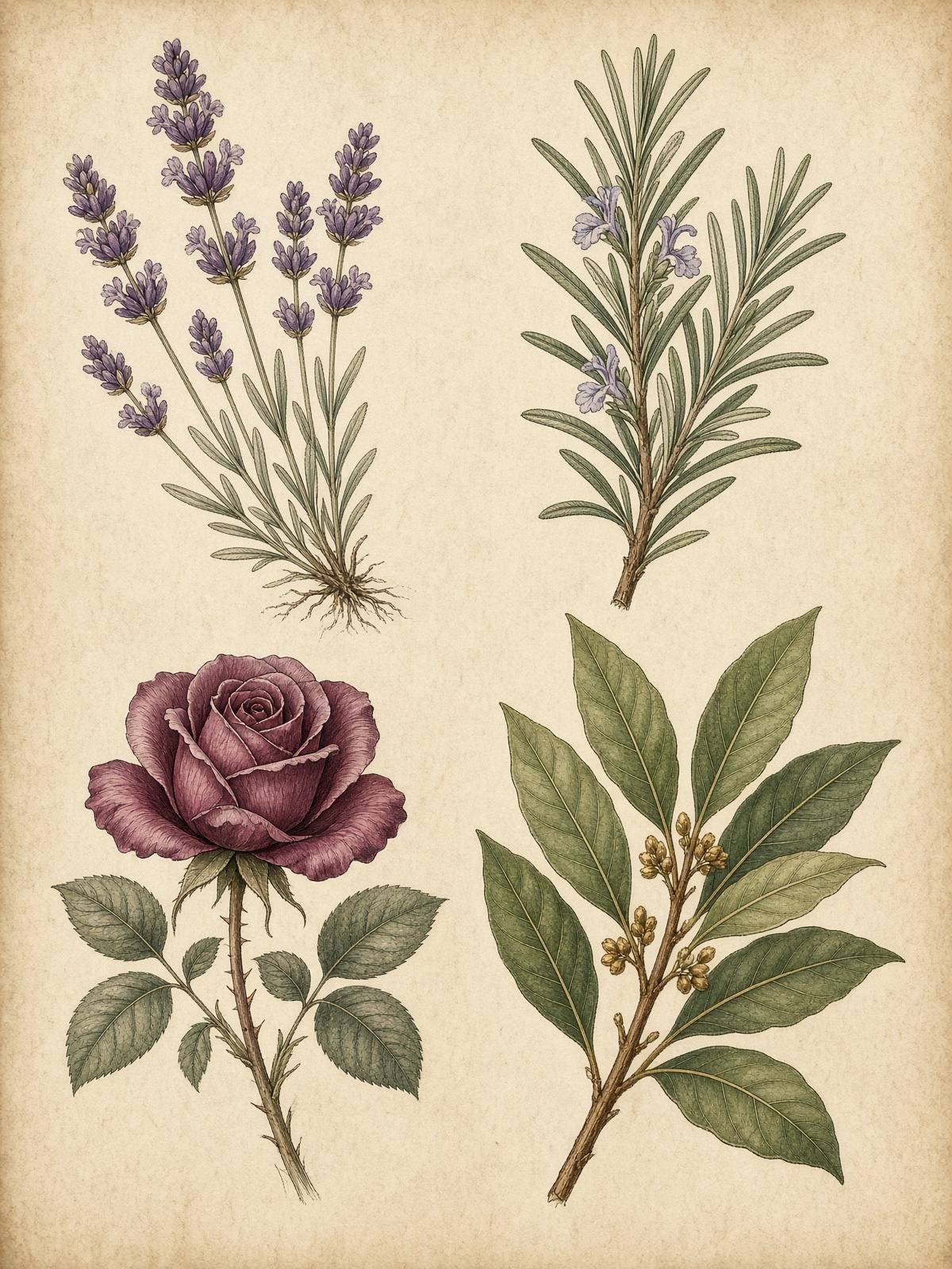 An engraved botanical plate of culinary and ritual herbs on aged paper.
