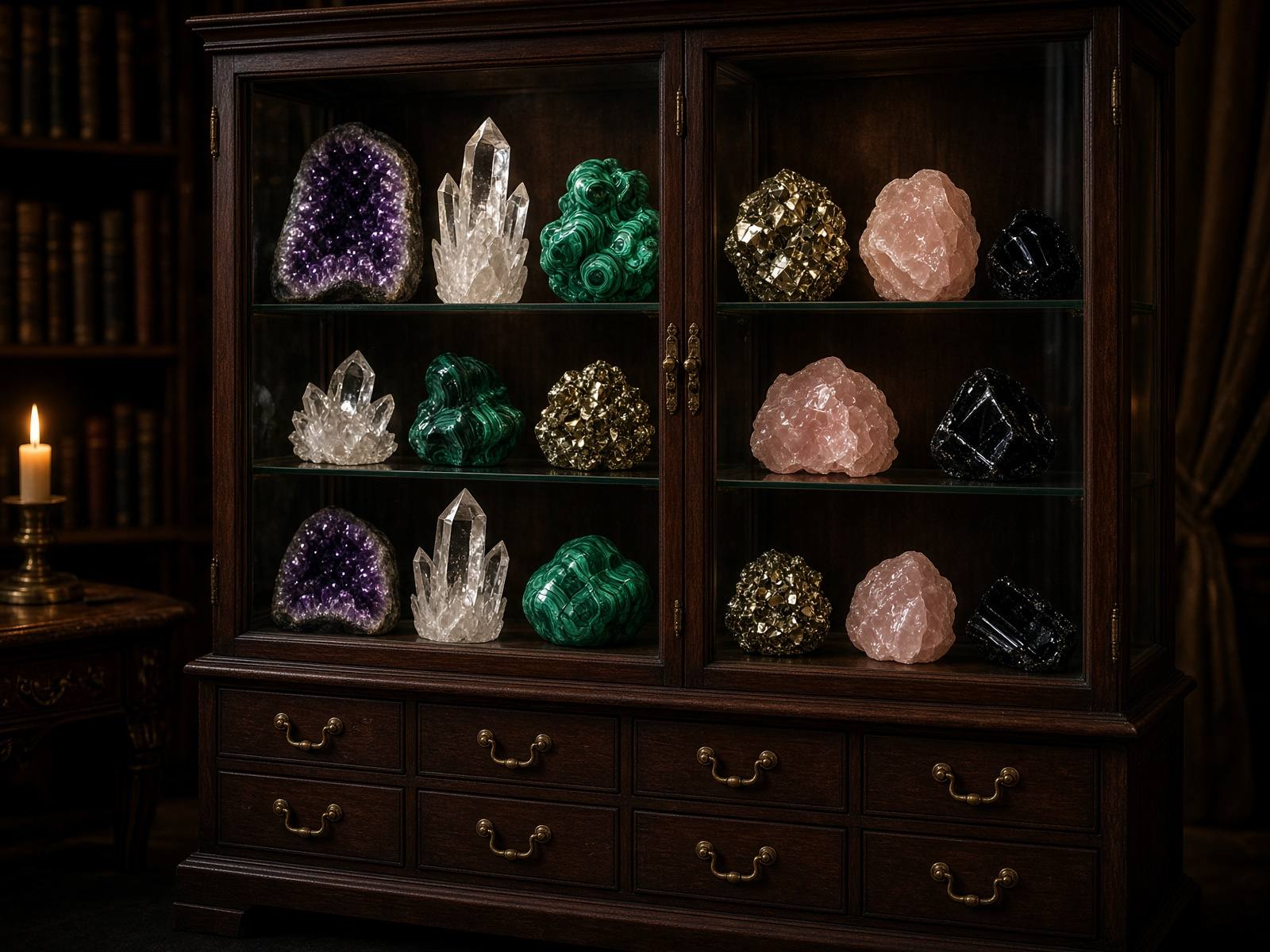 A glass-front cabinet of mineral specimens in candlelight.