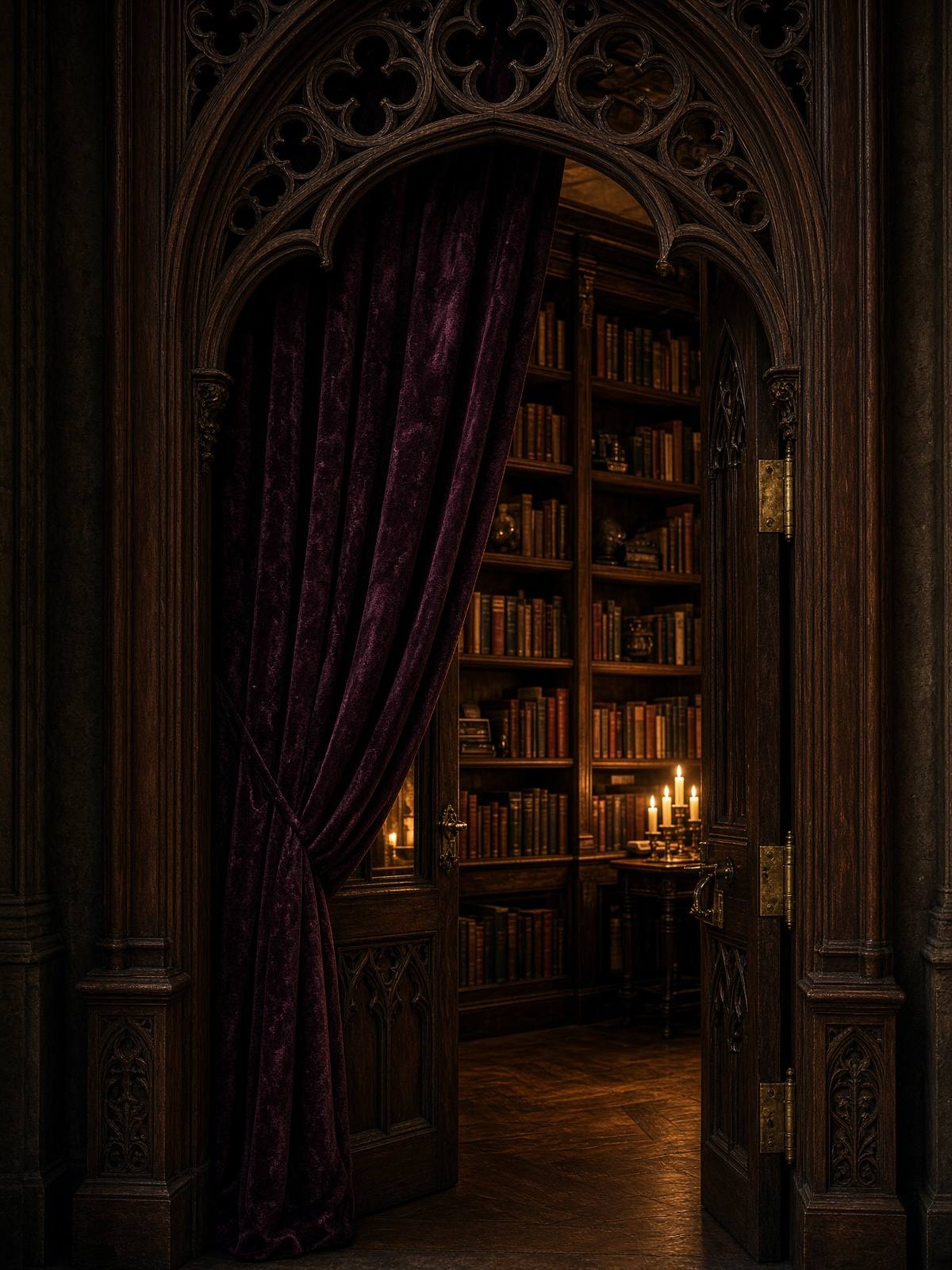 A velvet-curtained doorway into a candlelit library.