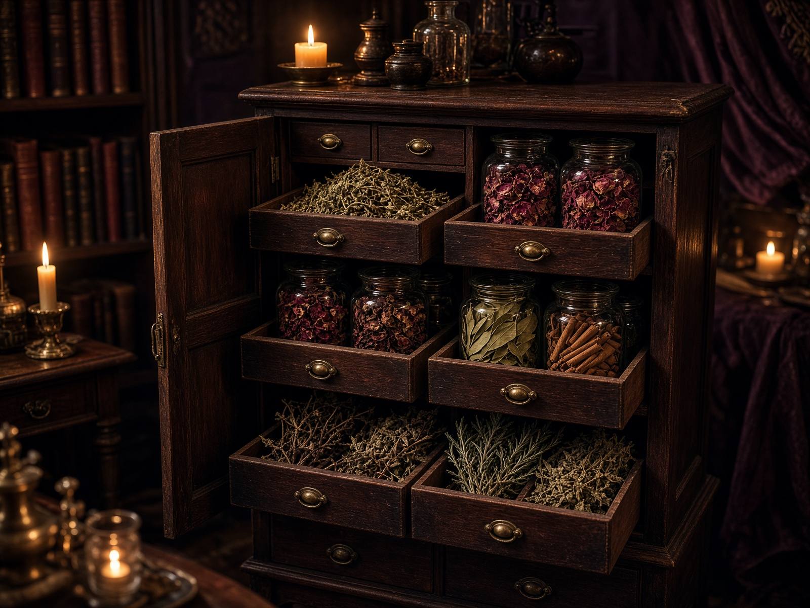 An open wooden cabinet of dried herbs in glass jars.