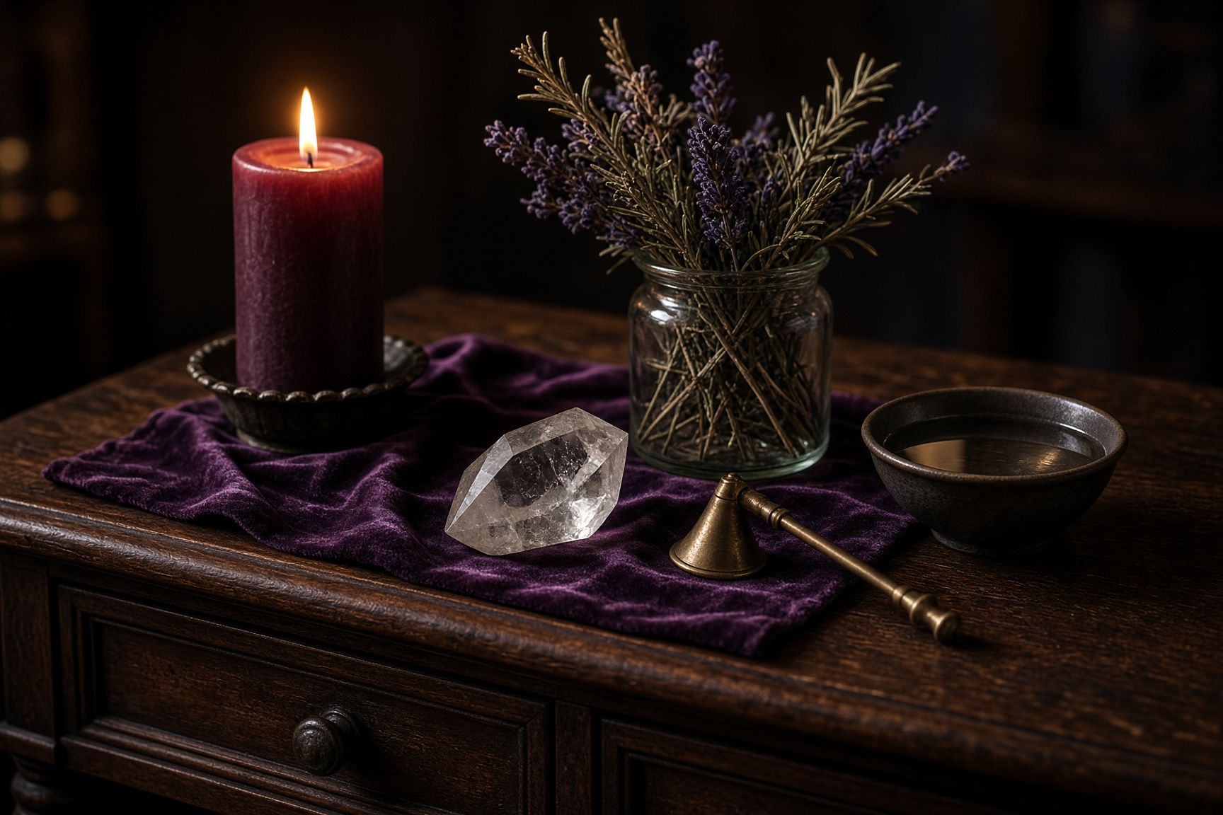 A candlelit apothecary table with rosemary, quartz, a brass snuffer, and a bowl of water on plum velvet.