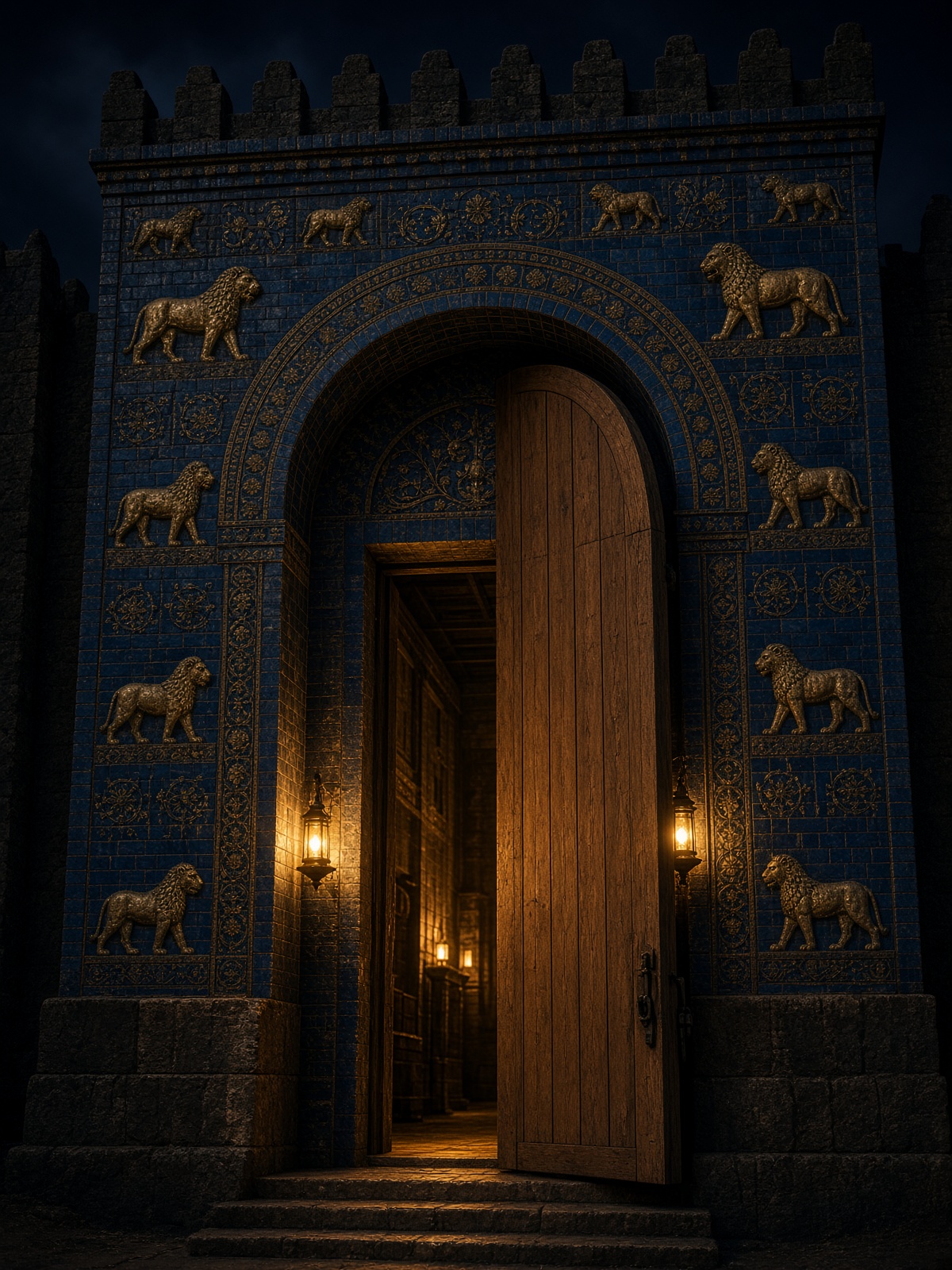 A lamplit temple gate of lapis tile and gold lions.
