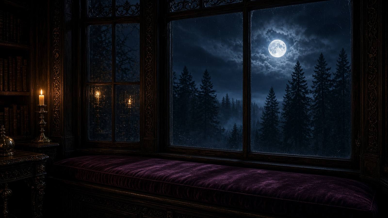 Moonlight through a dark library window.
