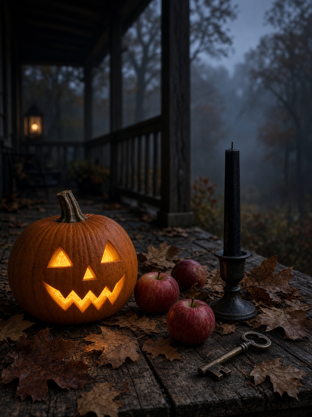 A glowing jack-o-lantern, apples, and a black taper.
