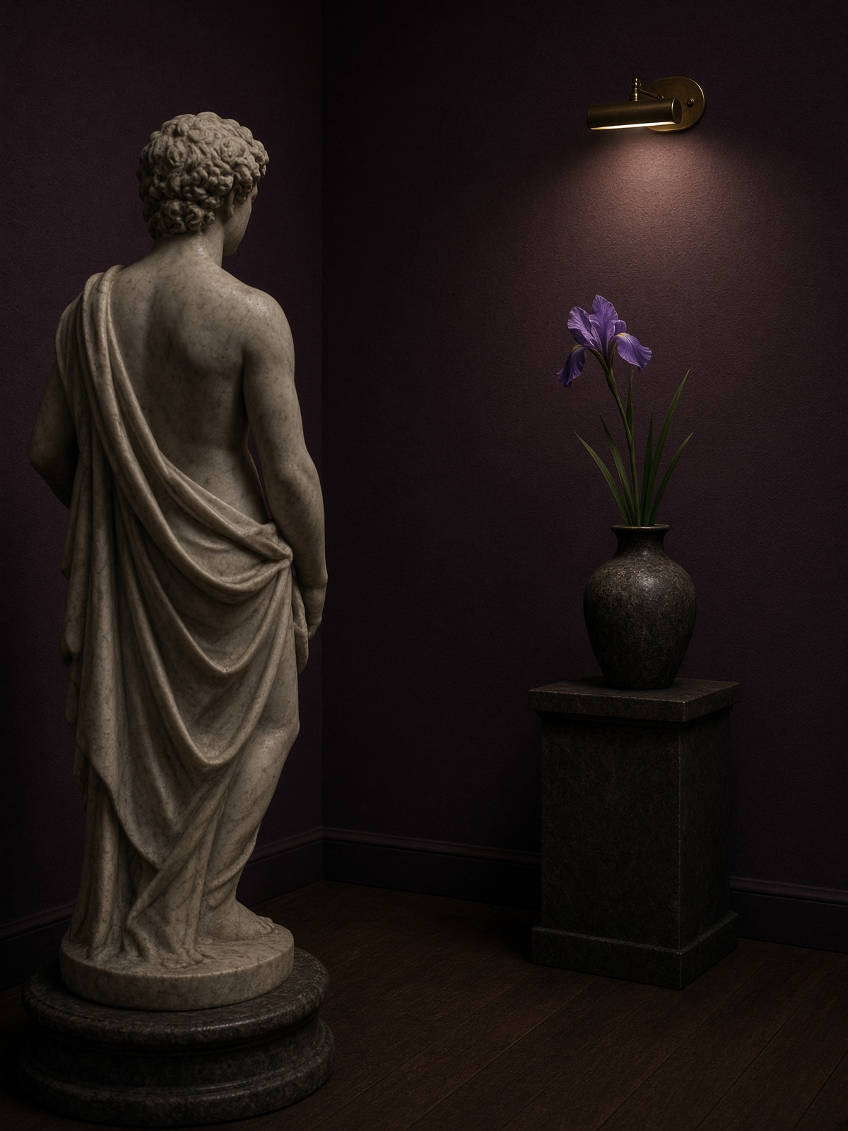 A marble figure in a dim gallery, face turned away.